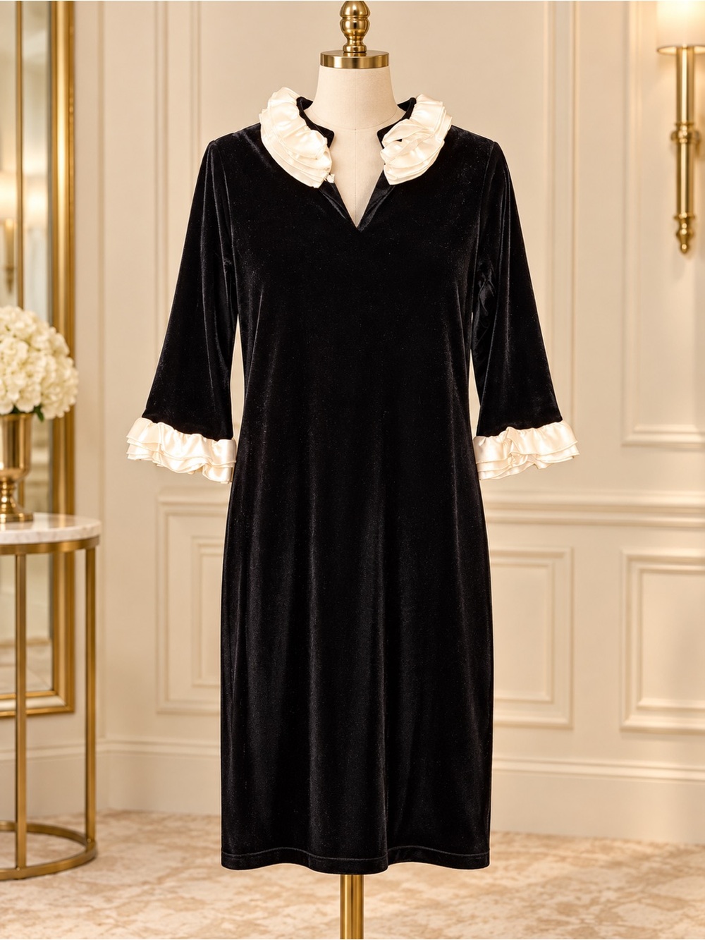 Sara Campbell Women's Velvet dress with Cream Ruffle Trim knee length USA S